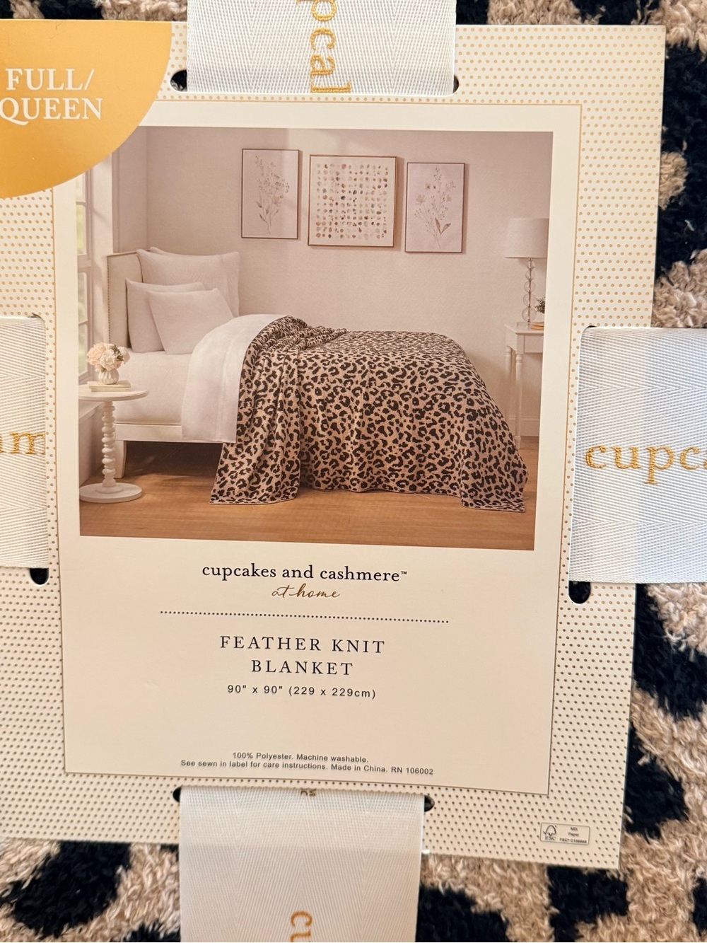 NWT Cupcakes & Cashmere Leopard Print Queen Throw Blanket 90x90 Tan Black